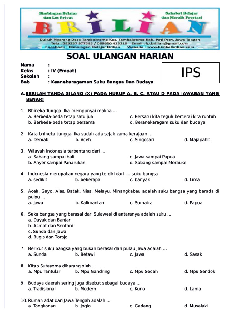 50 Contoh Soal Indonesia Memiliki Keragaman Kelas 4 Tema 1 Wajib Tahu Agar Nilai Bagus