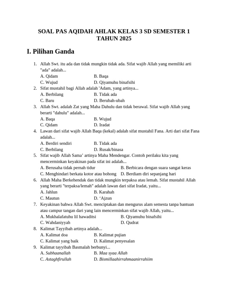 Ts Soal Pas Aqidah Ahlak Kelas 3 SD Semester 1 PDF Ts Soal Pas Aqidah Ahlak Kelas 3 SD Semester 1 PDF