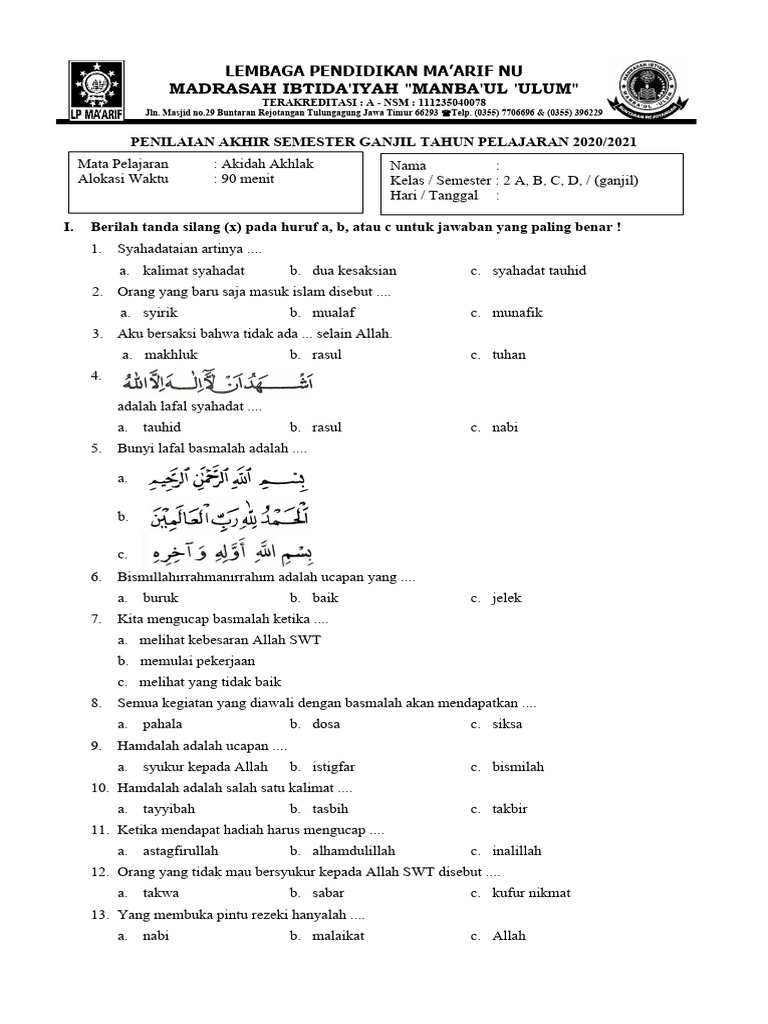bank soal akidah akhlak kelas x sem 2 k.2013
