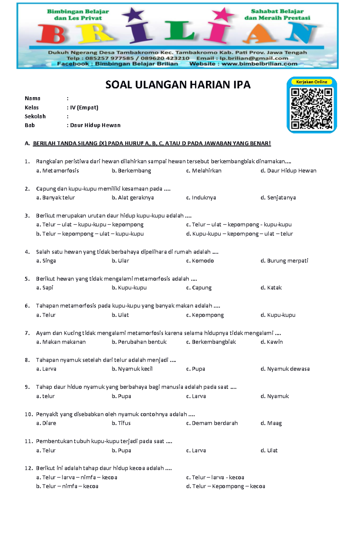 contoh soal ipa kelas 4 daur hidup hewan