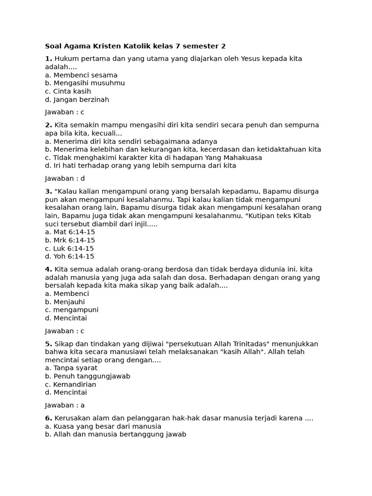 Soal Agama Katolik Kelas 7 Semester 2 PDF Soal Agama Katolik Kelas 7 Semester 2 PDF