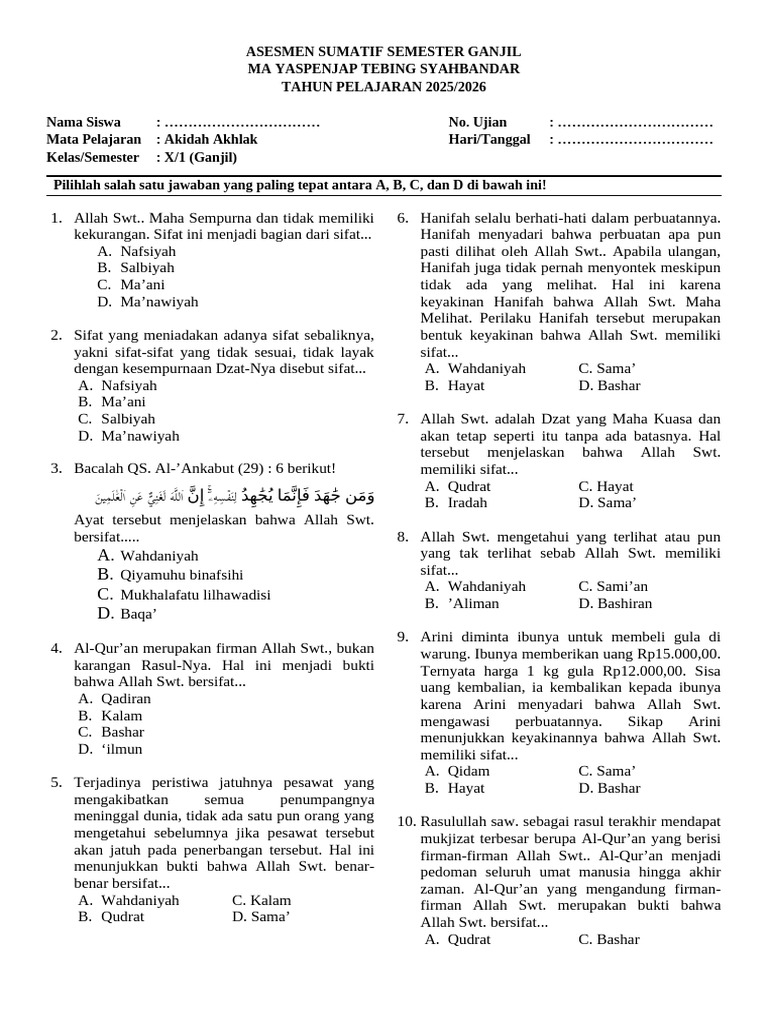 Sebelum Terlambat, Intip 5 Bank Soal Akidah Akhlak Kelas X Sem 2 K.2013 Siap Cetak