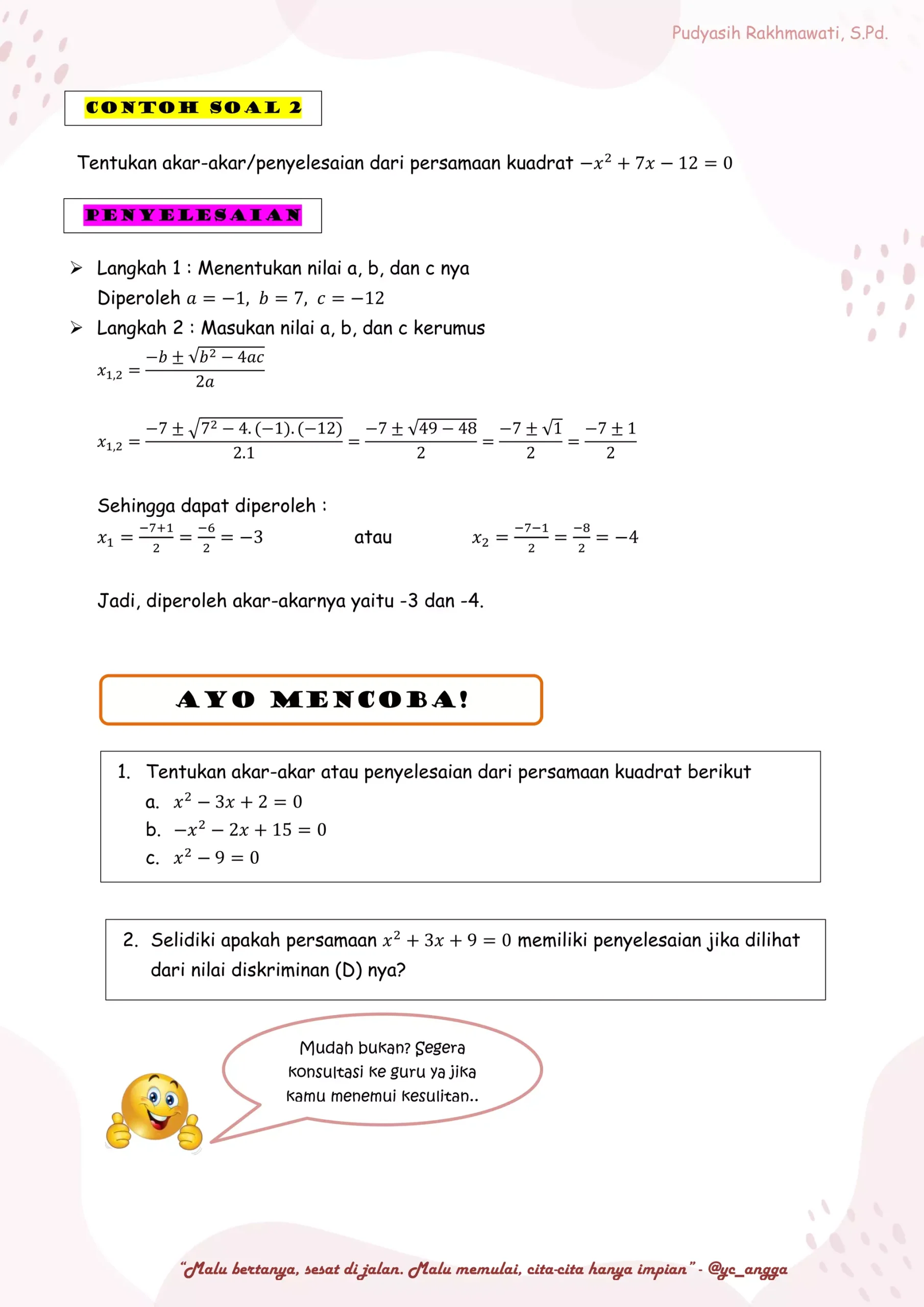 Akar-akar Persamaan Kuadrat Kelas 9 PDF Akar-akar Persamaan Kuadrat Kelas 9 PDF