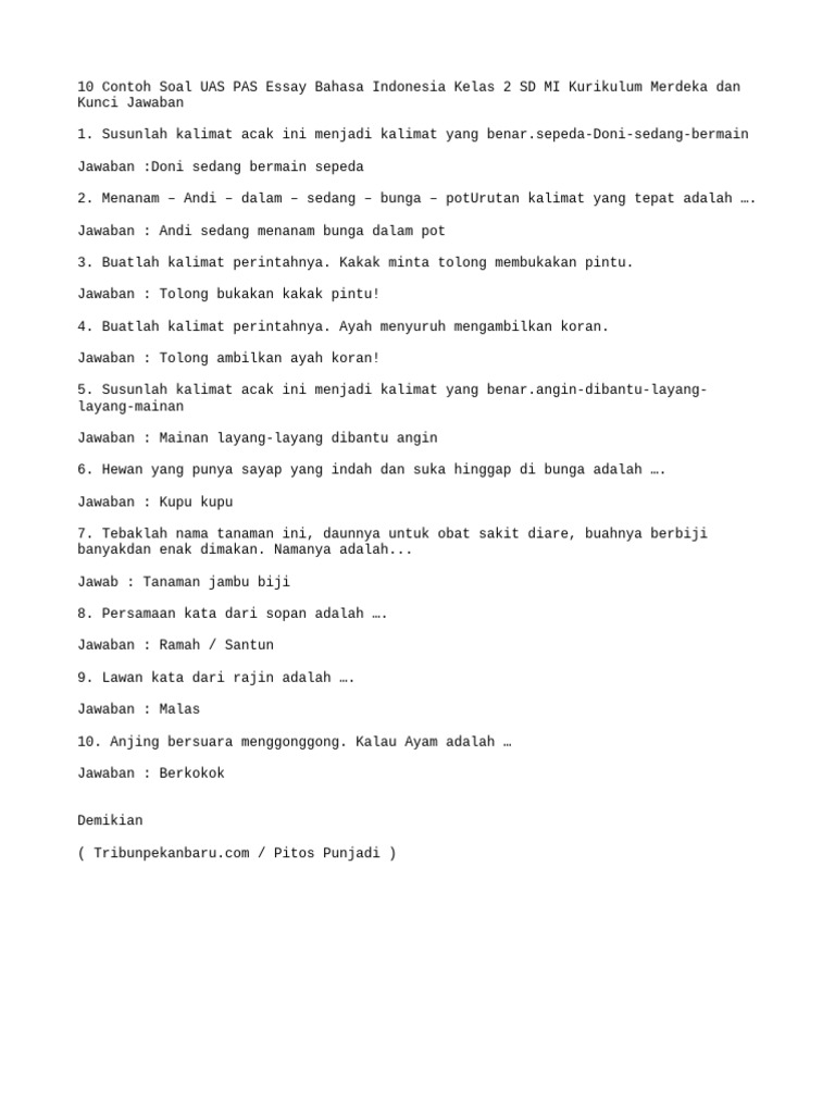 Contoh Soal Essay Bahasa Indonesia Kelas 2 PDF Contoh Soal Essay Bahasa Indonesia Kelas 2 PDF