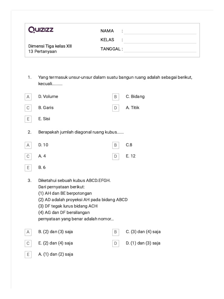 Soal Dimensi Tiga untuk Kelas XII PDF Soal Dimensi Tiga untuk Kelas XII PDF