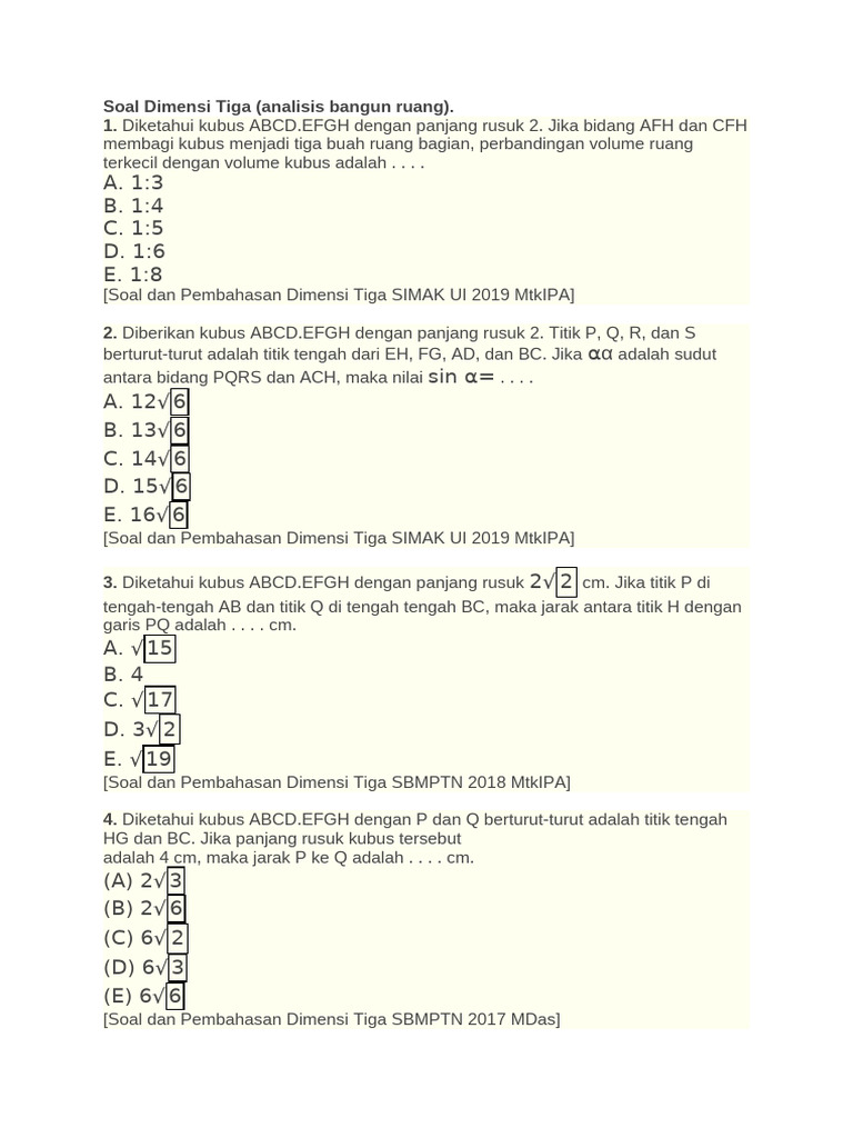 Soal Dimensi Tiga untuk Kelas 12 PDF Soal Dimensi Tiga untuk Kelas 12 PDF