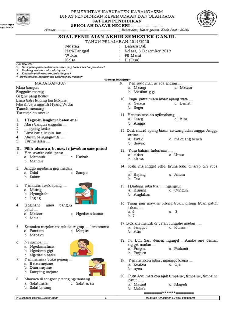 Soal Bahasa Bali Kelas 1 SD Semester 1 PDF