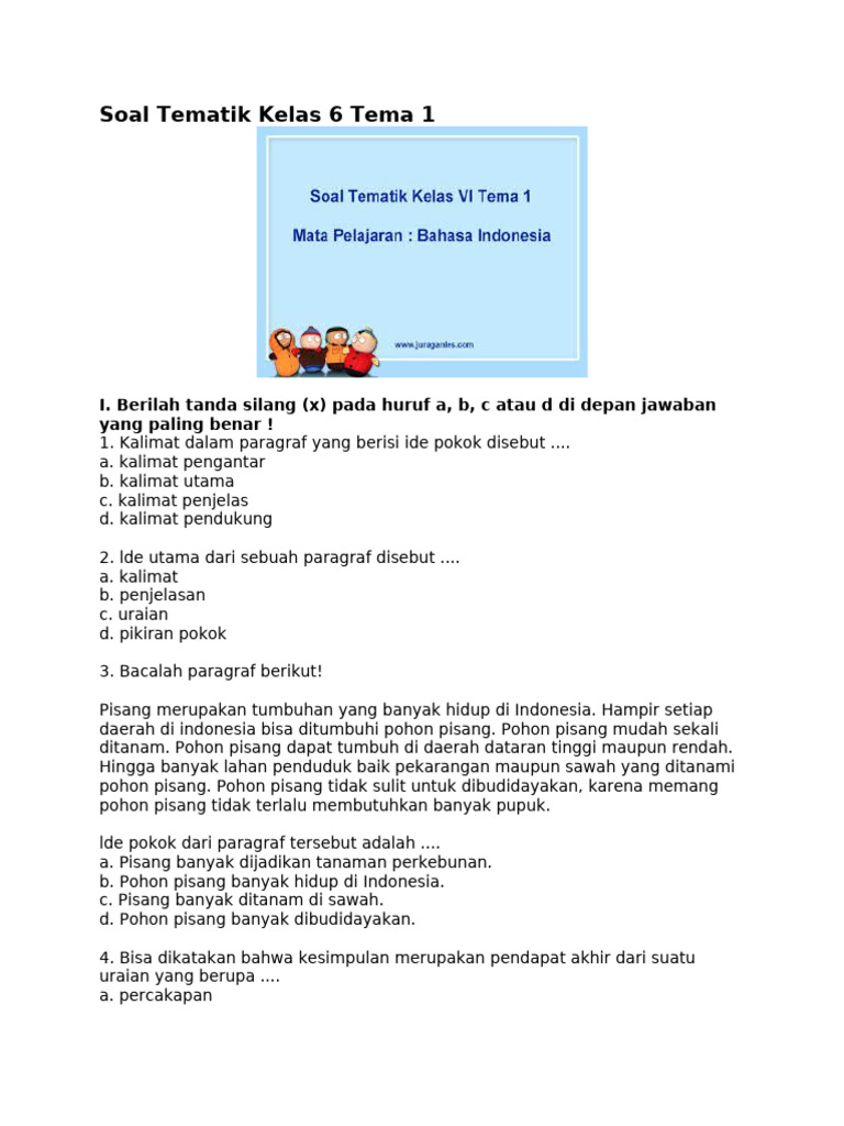 Soal Tematik Kelas 6 Tema 1 PDF Soal Tematik Kelas 6 Tema 1 PDF