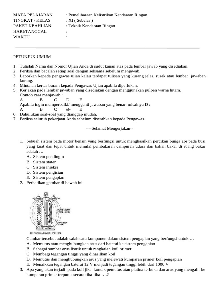 Ujian Pemeliharaan Kelistrikan Kendaraan PDF Ujian Pemeliharaan Kelistrikan Kendaraan PDF