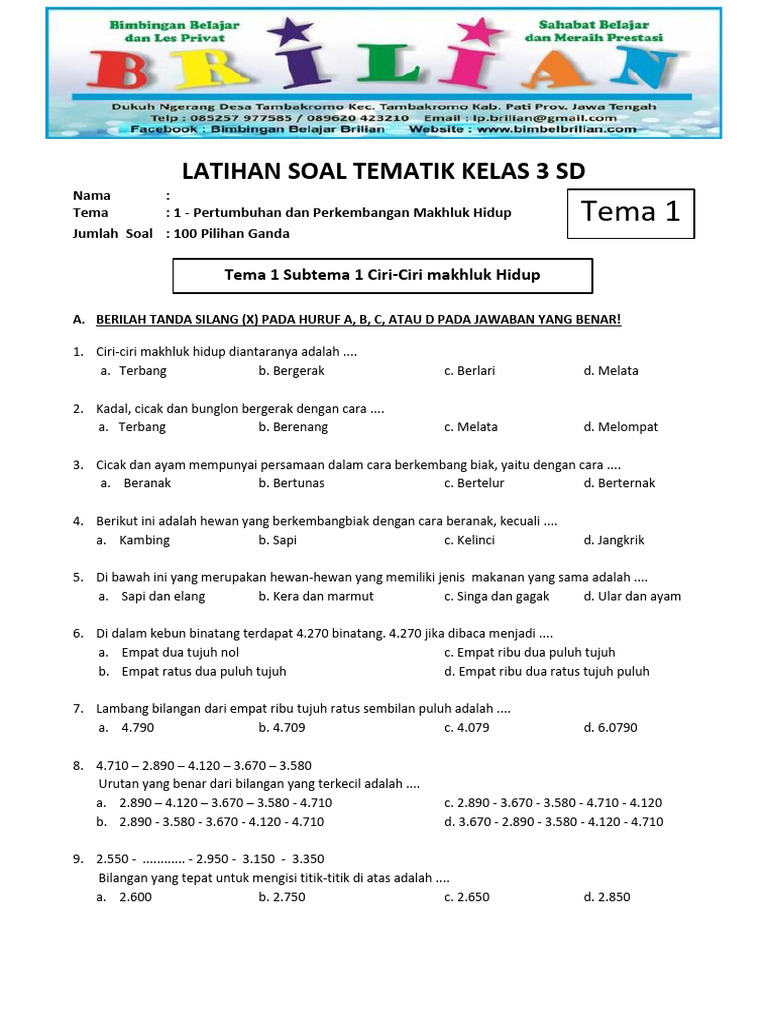 Soal Pilihan Ganda Kelas 3 SD Tema 1 PDF Soal Pilihan Ganda Kelas 3 SD Tema 1 PDF
