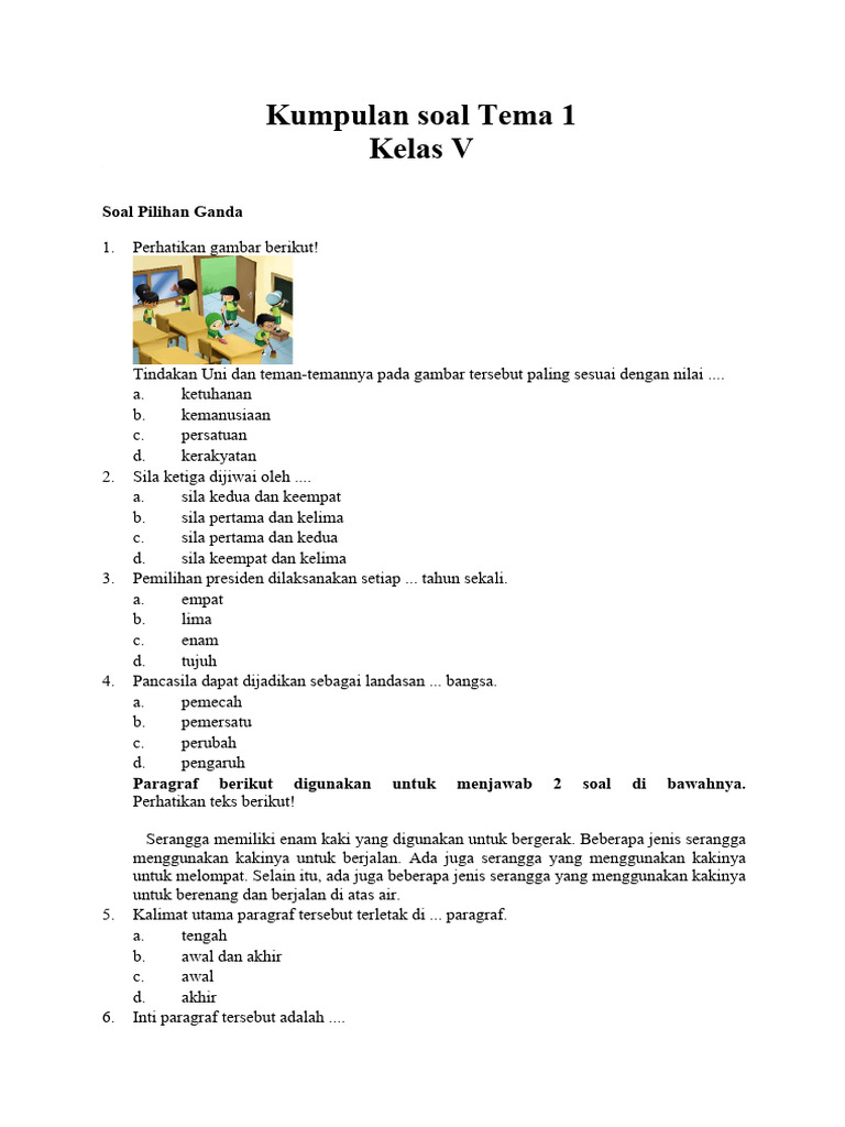 Soal Tema 1 Kelas V Pilihan Ganda Isian PDF Seni Disiplin Bahasa
