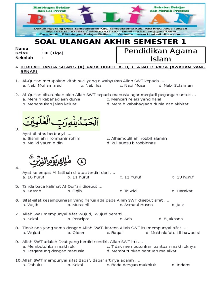 Ini 5 Contoh Soal Pendidikan Agama Islam Kelas 1 Al Malik yang Sering Muncul di STS 2026