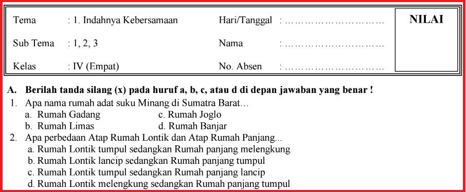Soal UTS Kelas 4 Tematik Tema 1 Semester 1 K 13 - Bunker Soal