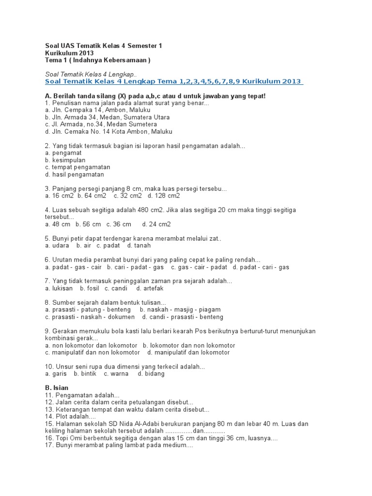 Soal Ujian Kelas 4 SD Semester 1 PDF Soal Ujian Kelas 4 SD Semester 1 PDF