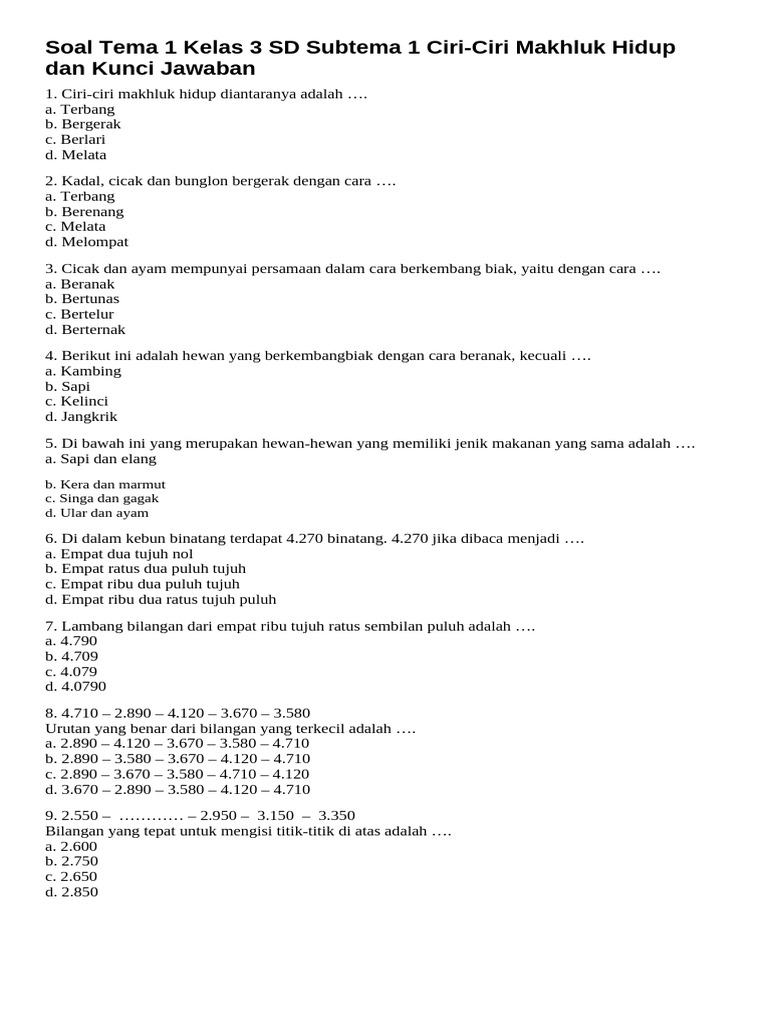 Soal dan Kunci Jawaban Ciri Makhluk Hidup PDF