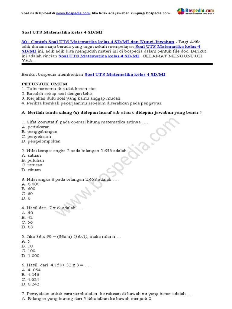 Latihan Soal UTS Matematika Kelas 4 SD Semester 1 Ini Terbukti Ampuh Raih Nilai Sempurna