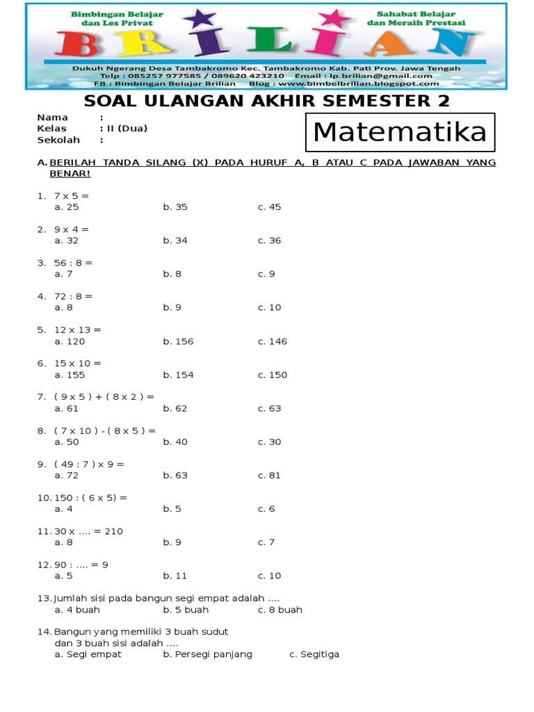 Rahasia Nilai Sempurna dengan Latihan Soal UAS Kelas 2 SD Semester 1 Matematika Ini