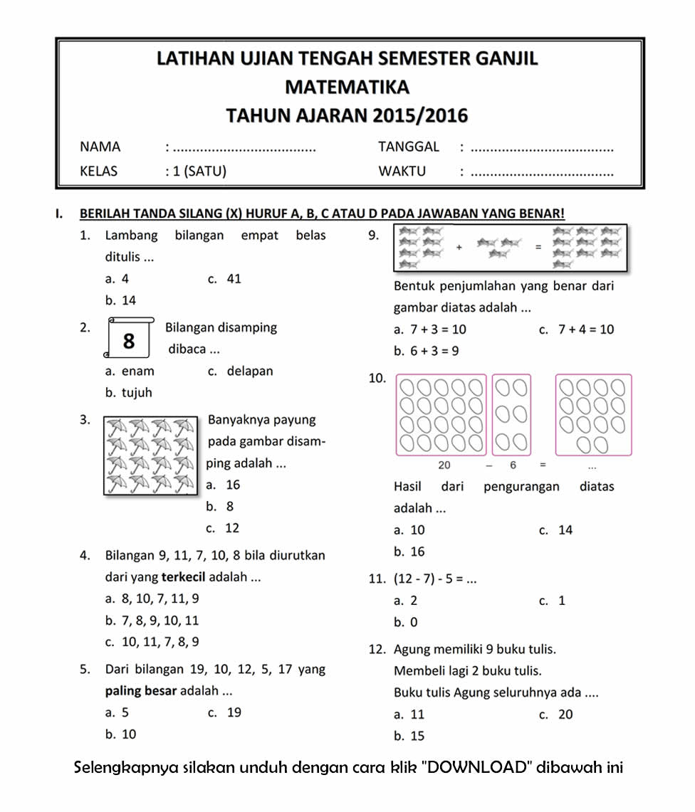 Rahasia Nilai Sempurna dengan Latihan Soal UTS Matematika Kelas 1 SD Semester 1 Terbaru Rahasia Nilai Sempurna dengan Latihan Soal UTS Matematika Kelas 1 SD Semester 1 Terbaru