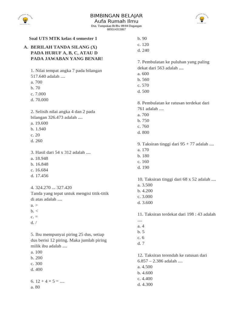 Rahasia Nilai Sempurna dengan Latihan Soal UTS Matematika Kelas 4 Semester 1 Terbaru Rahasia Nilai Sempurna dengan Latihan Soal UTS Matematika Kelas 4 Semester 1 Terbaru