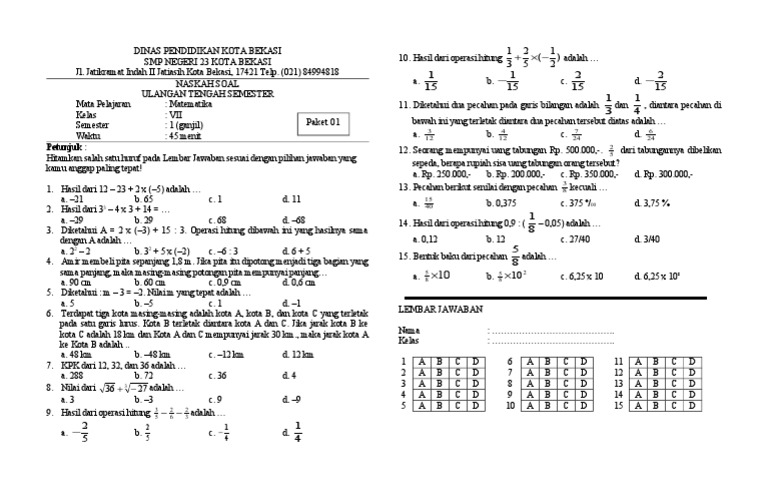 Rahasia Nilai Sempurna dengan Latihan Soal UTS Matematika Kelas 7 Semester 1 Kurikulum 2013 Rahasia Nilai Sempurna dengan Latihan Soal UTS Matematika Kelas 7 Semester 1 Kurikulum 2013