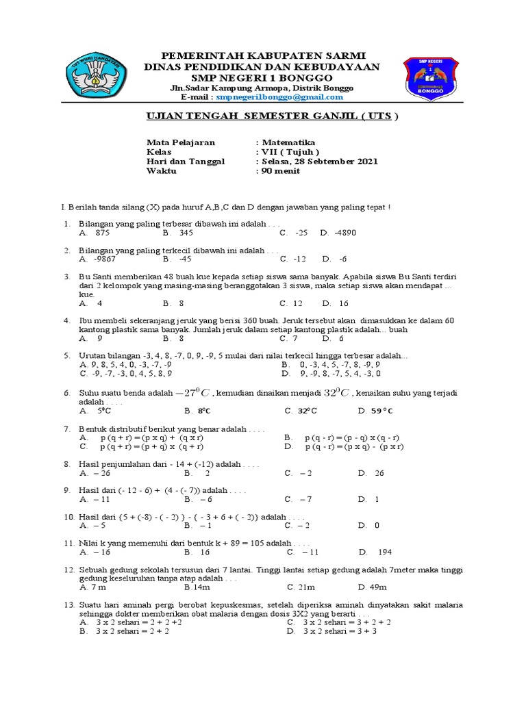 Rahasia Skor Sempurna Pakai Latihan Soal UTS Matematika Kelas 7 Semester 1 Ini
