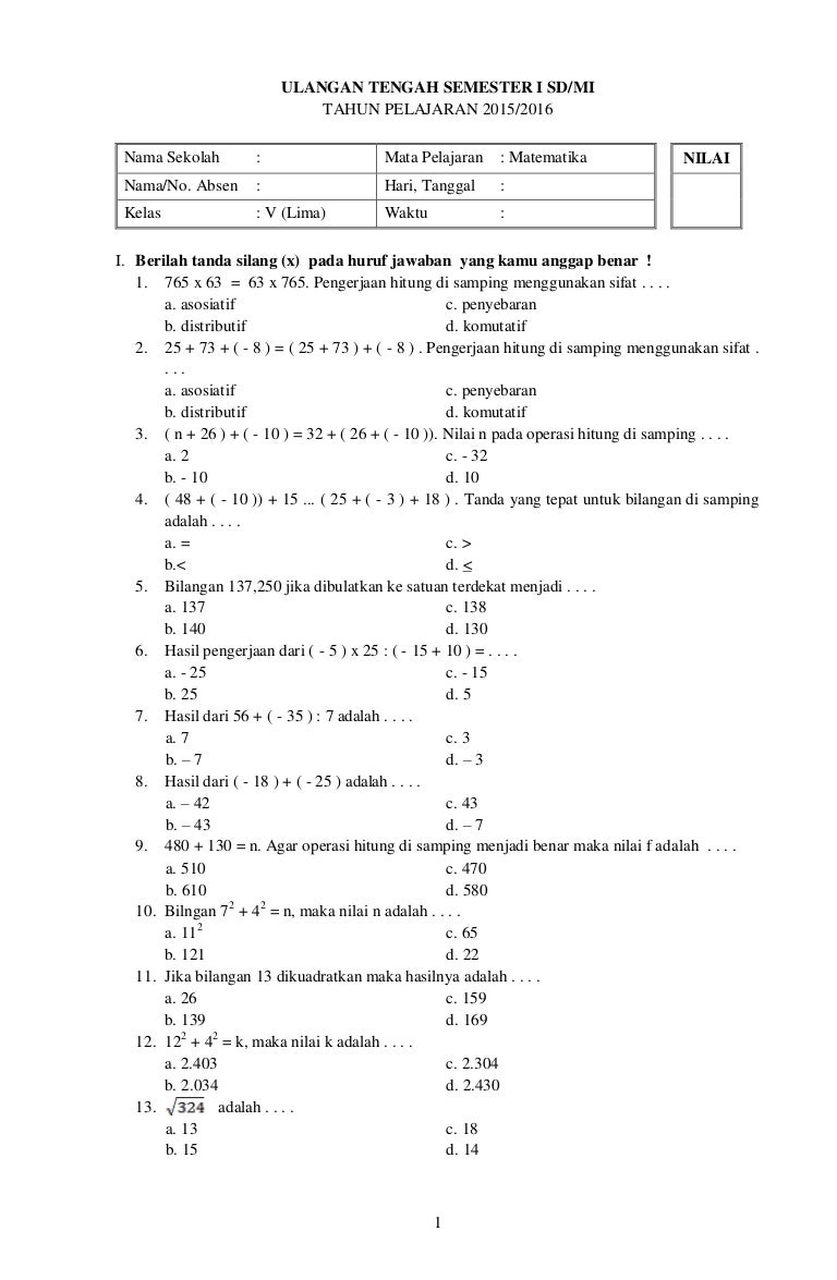 Rahasia Skor Tinggi Latihan Soal UTS Matematika Kelas 5 SD Semester 1 Terbukti Ampuh Rahasia Skor Tinggi Latihan Soal UTS Matematika Kelas 5 SD Semester 1 Terbukti Ampuh