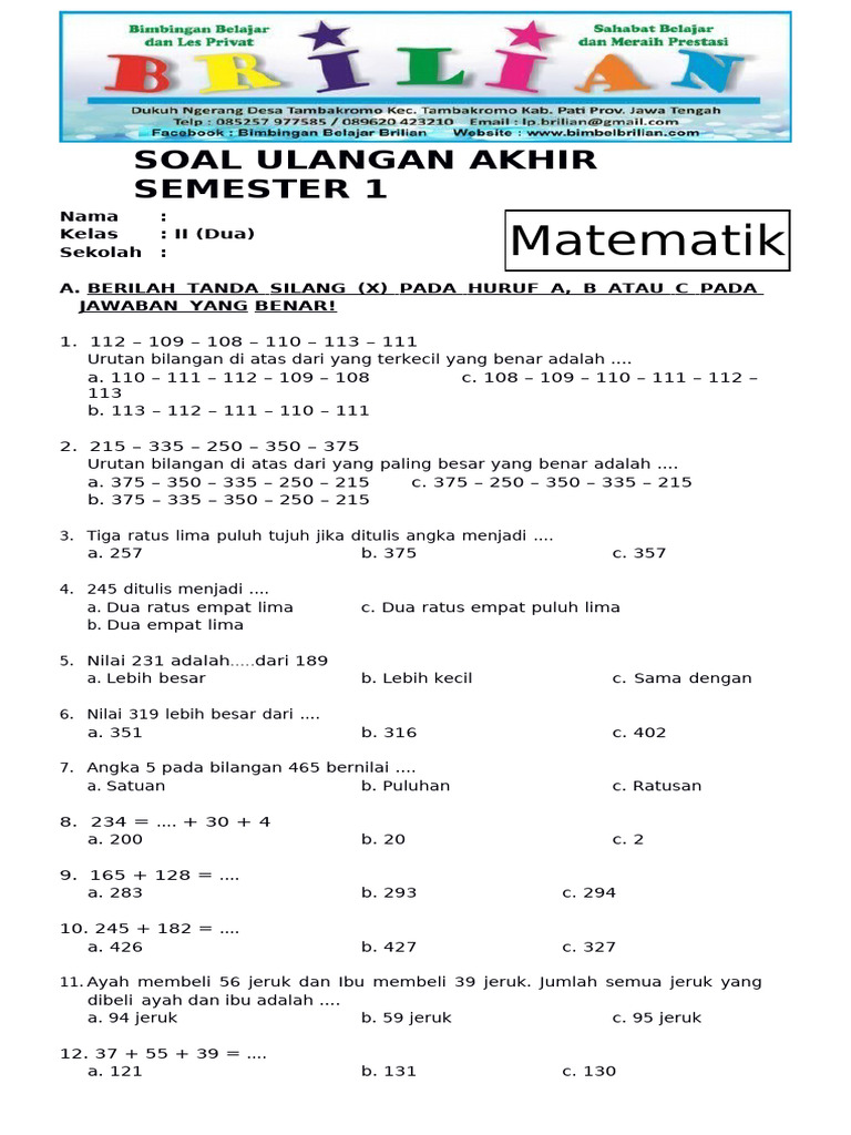 Wajib Tahu! 5 Kumpulan Latihan Soal UAS Kelas 2 Semester 1 Matematika Agar Nilai Maksimal