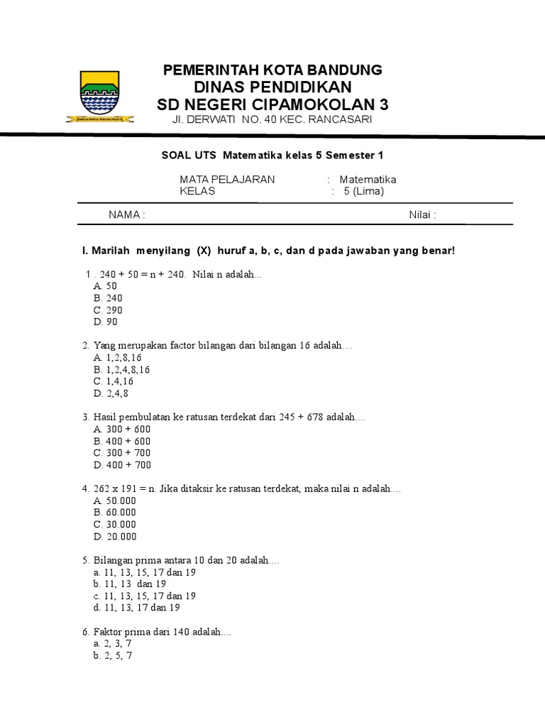 Wajib Tahu! Ini Kumpulan Latihan Soal UTS Matematika Kelas 5 Semester 1 Terbaru